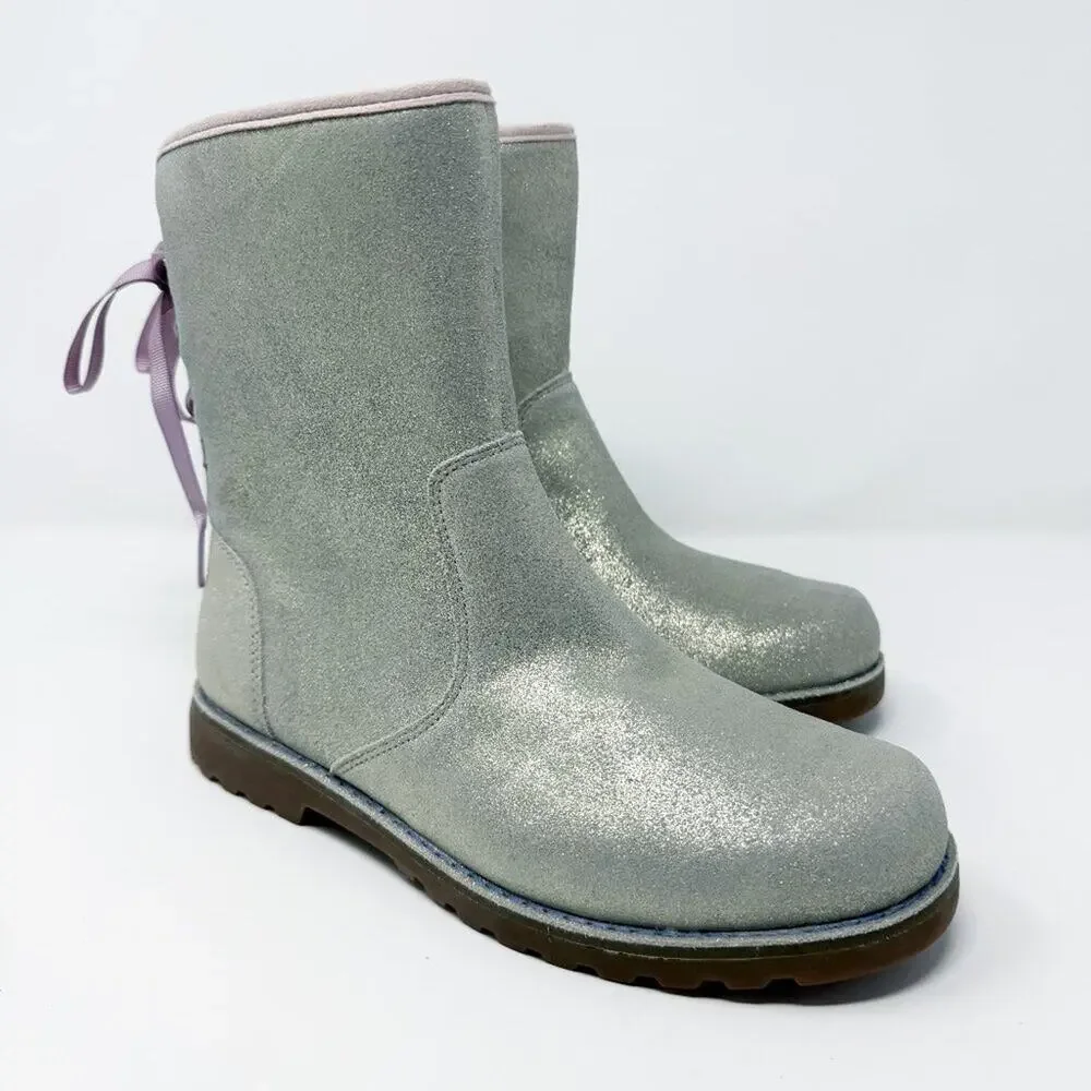 Ugg	Metallic Silver Corene Boots Size 6 Side Zip/Lace Up Back Shearling Footbed